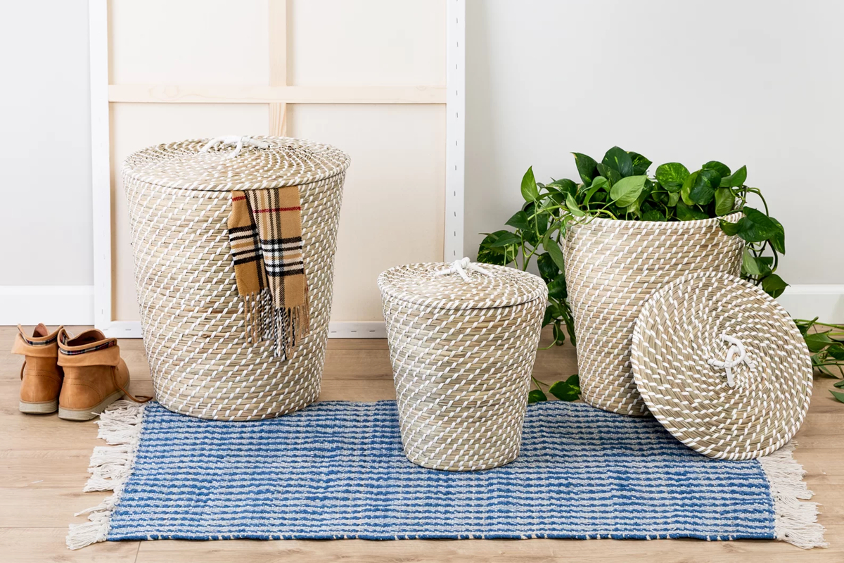 Natural And White Seagrass Accent Tall Basket Set With Lids.
